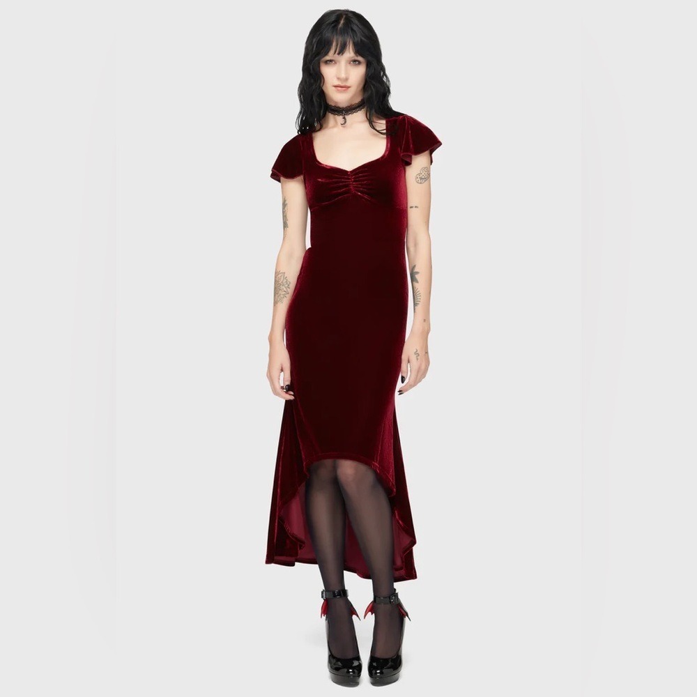 Killstar Hadean muse Red Velvet High Low Midi Dress Goth Flutter Sleeve NEW